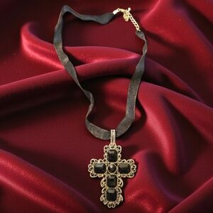 Black Jeweled Cross Pendant Choker
